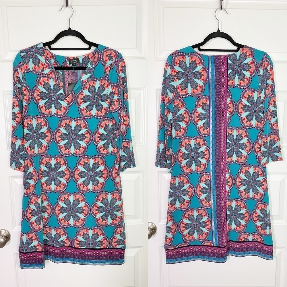 New Nicole by Nicole Miller Geometric Floral Colorful Dress in Turquoise Multi